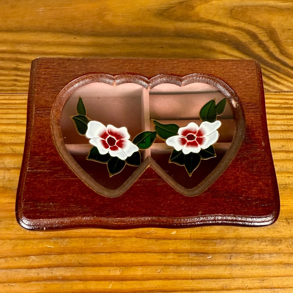 Vintage Wooden Jewelry Box | Heart Window Lid with Floral Inlay - Picture 11 of 13